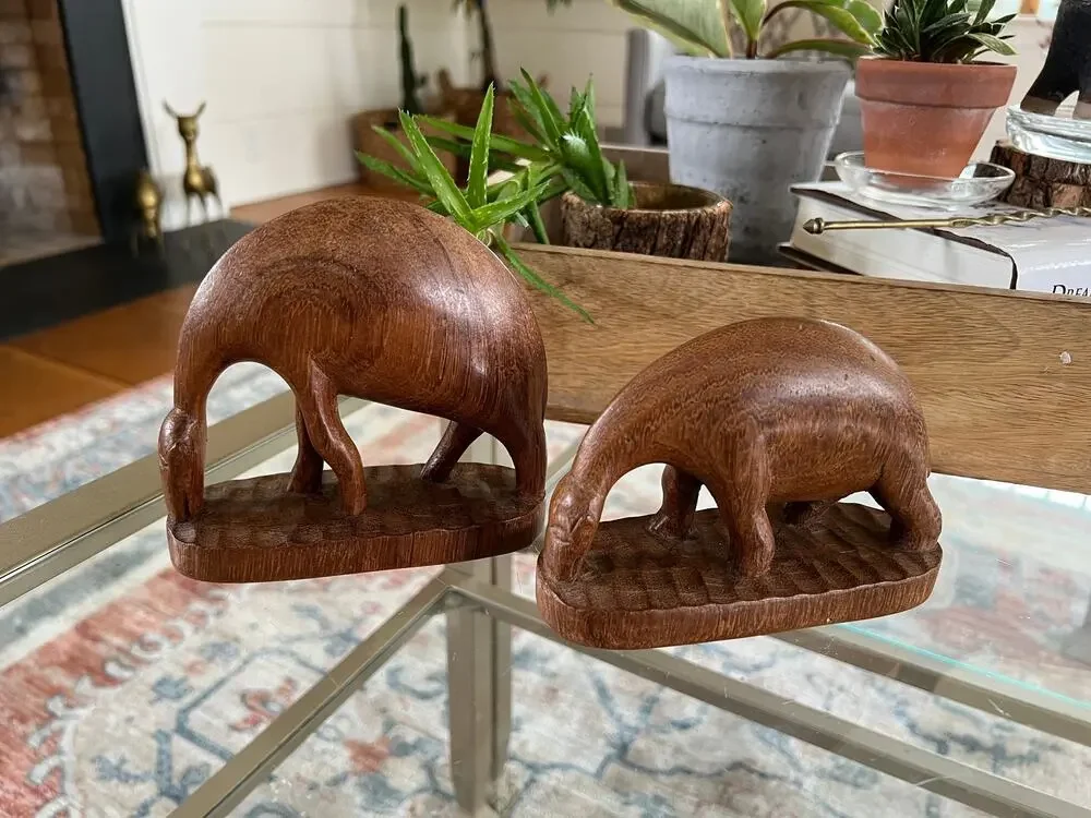 Vintage Hand Carved Wood Drinking Antelope Pair Mid Century Modern Figurines